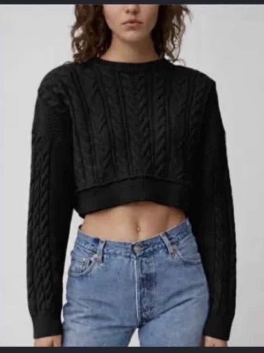 RE/DONE Luxury Cotton-Cashmere Cable Knit Crop Sweater in Black - Size S